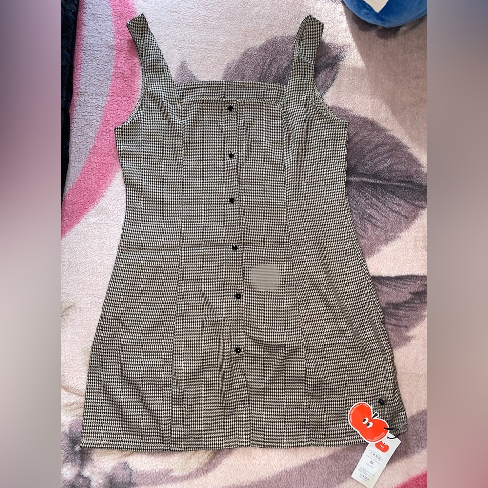 Houndstooth Square Neck Button Up Mini Dress